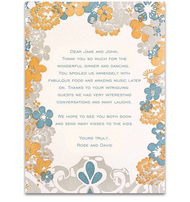 Floral online card with yellow, grey and blue flowers.