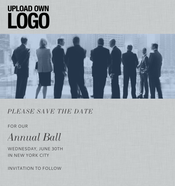 Rectangular online Save the Date template for corporate events and annual ball with light background, space to upload own logo and with event details box on the bottom.
