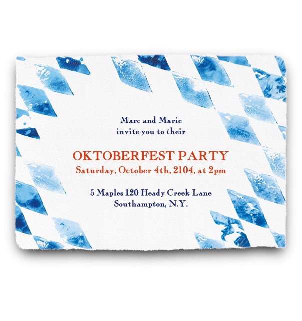 Blue and white checkered Oktoberfest invitation card with a  Bayern flag pattern.