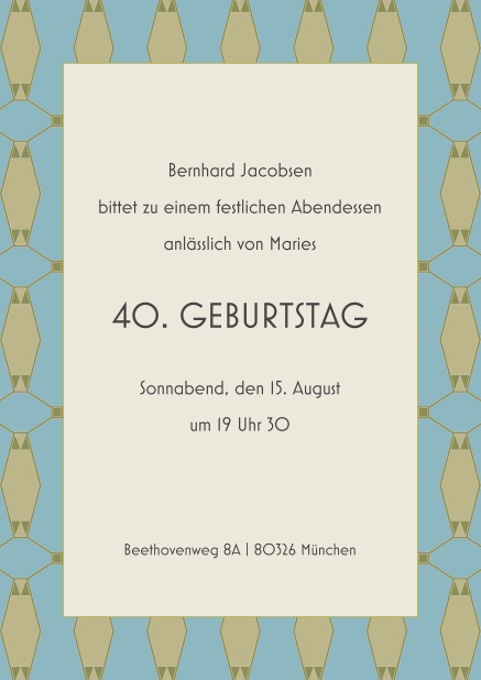 Online Einladung zum 40. Geburtstag mit Musterrand und mittigem Text.