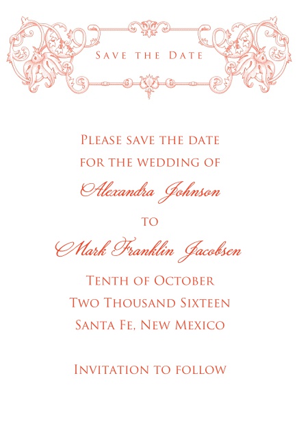 Online Wedding save the date card with red deco at the top.