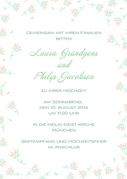 Einladungskarte zur Hochzeit mit Rahmen aus zarten gelben Blumen. Rosa.