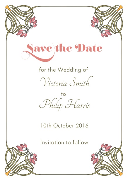 Online Wedding save the date with photo field on the back and art-nouveau floral deco.