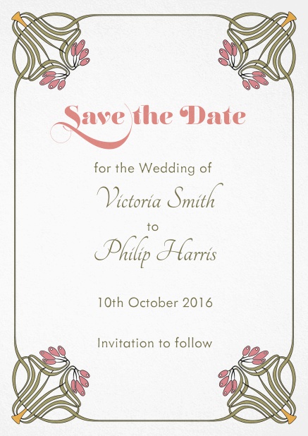 Wedding save the date with photo field on the back and art-nouveau floral deco.