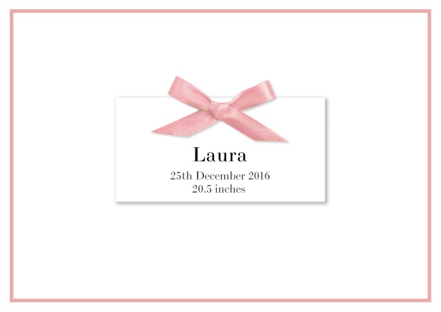 Online  Birth announcement with PRINTED rosa ribbon and matching rosa line frame and photo inside left.