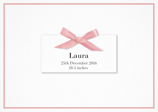 Paper Birth announcement with PRINTED rosa ribbon and matching rosa line frame and photo inside left.