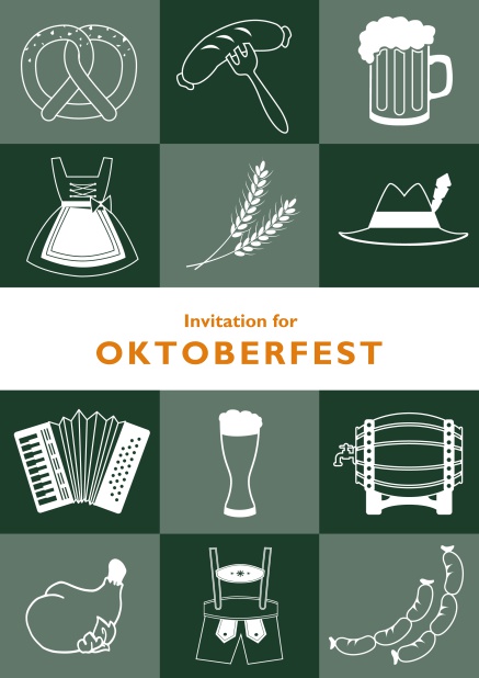 Card template for Oktoberfest online invitations with fun images like beer, sausage, dirndl and lederhosen. Green.