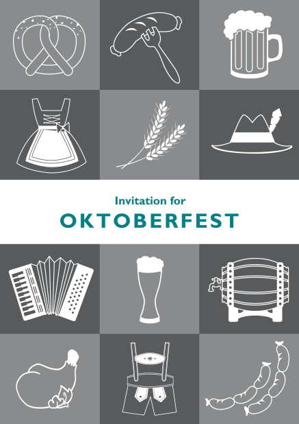 Card template for Oktoberfest online invitations with fun images like beer, sausage, dirndl and lederhosen. Grey.