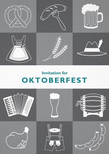 Card template for Oktoberfest invitations with fun images like beer, sausage, dirndl and lederhosen. Grey.