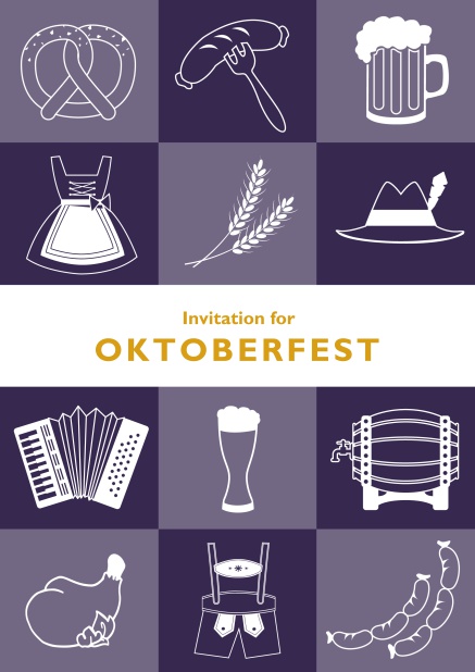 Card template for Oktoberfest online invitations with fun images like beer, sausage, dirndl and lederhosen. Purple.