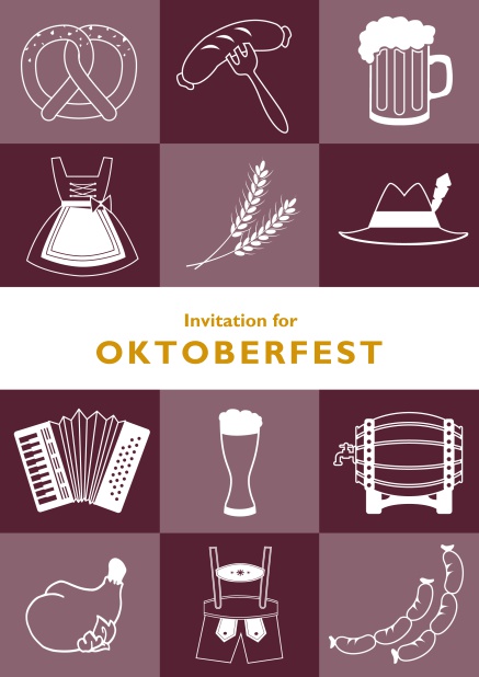 Card template for Oktoberfest online invitations with fun images like beer, sausage, dirndl and lederhosen. Red.