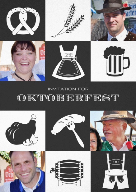 Bavarian invitation template with classic Oktoberfest stuff with photos. Black.