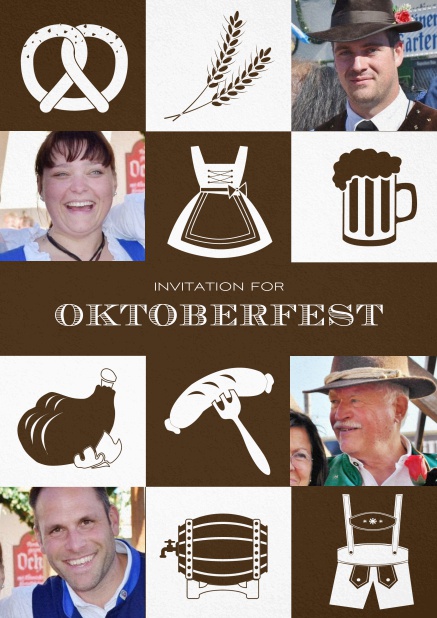 Bavarian invitation template with classic Oktoberfest stuff with photos. Brown.