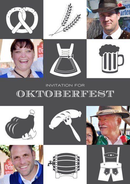 Bavarian online invitation template with classic Oktoberfest stuff with photos. Grey.