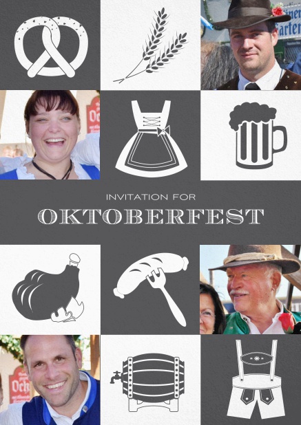 Bavarian invitation template with classic Oktoberfest stuff with photos. Grey.