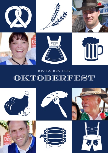 Bavarian online invitation template with classic Oktoberfest stuff with photos. Navy.