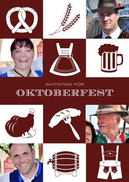 Bavarian online invitation template with classic Oktoberfest stuff with photos. Red.