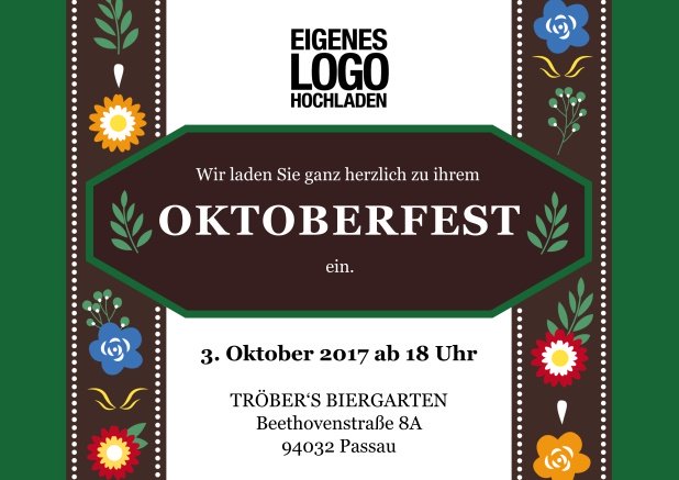 Online Oktoberfest Einladungskarte mit Einladungstext auf einer klassischen Lederhose. Grün.
