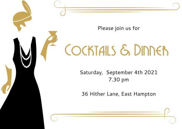 Online Roaring Twenties invitation card with glamorous lady holding cocktail glass. Black.