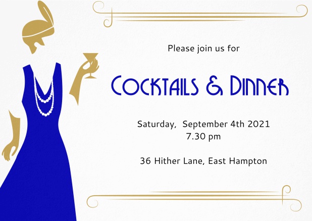Roaring Twenties invitation card with glamorous lady holding cocktail glass. Blue.