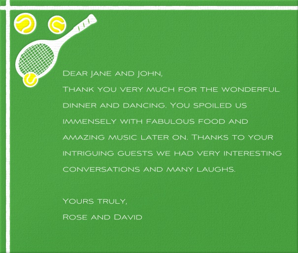 Grüne Online Karte mit Tennisschlägern und Tennisbällen.