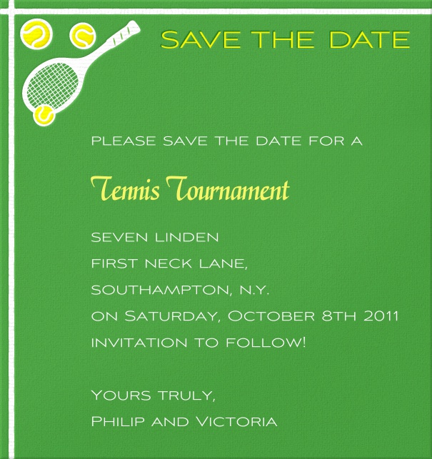Grüne Tennis Kartenvorlage mit Tennisschläger und Bällen als Sportmotiv in Hochformat mit Text zum Anpassen für Online Save the Date Sendungen.