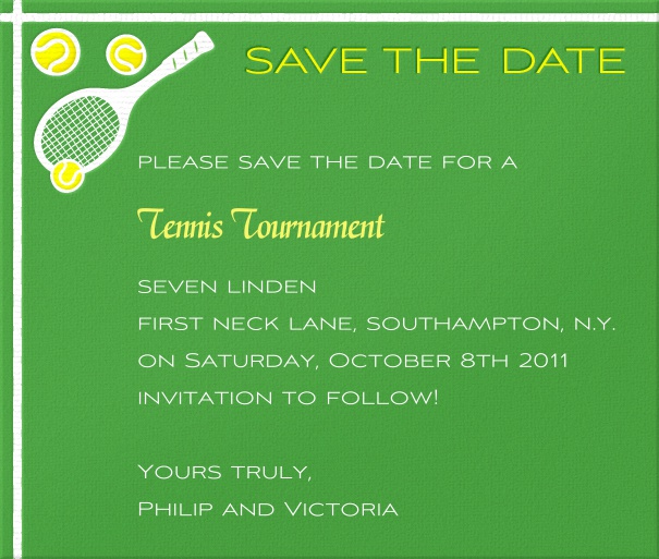Grüne Tennis Kartenvorlage mit Tennisschläger und Bällen als Sportmotiv in Querformat mit Text zum Anpassen für Online Save the Date Sendungen.