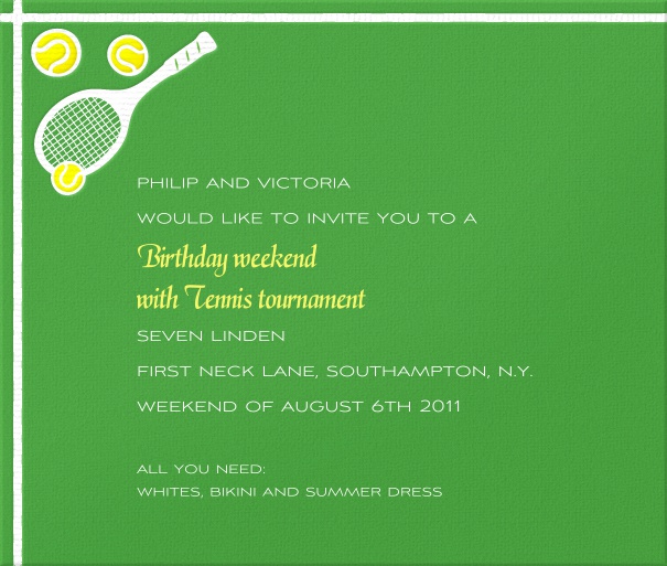 Querformat grüne Tennis Einladungskarte mit Tennisschläger und Ball.
