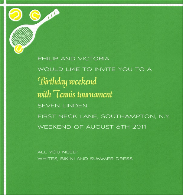 High Format Themed Tennis Invitation card with Tennis Racquets and ball.