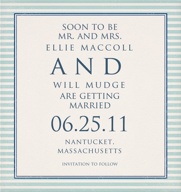 Save the Date Card for wedding announcement and with blue striped border.