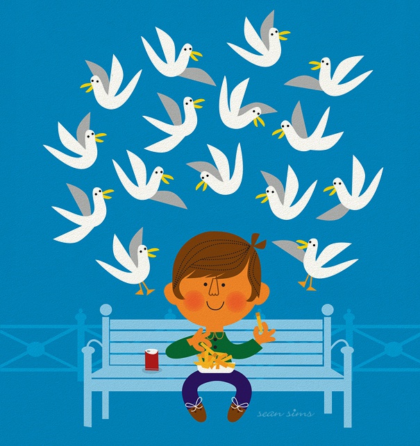 Blaue Einladungskarte für eine Kinderveranstaltung mit Mann auf einer Bank und Tauben.