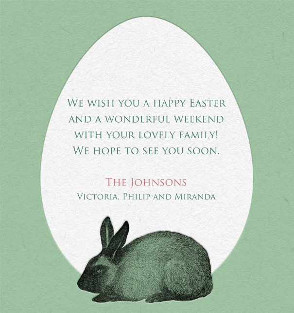 Online card with green colored paper and white egg for text and a rabbit lower middle.