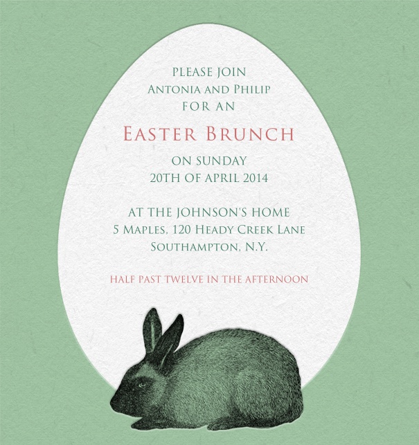 Green Easter Egg card with Easter Bunny designed with editbale text for online invitations.