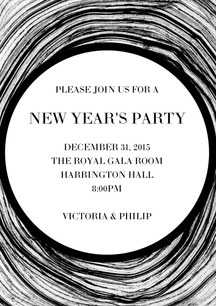 Invitation card with dark swirl and matching text.