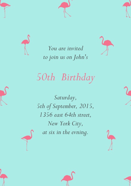 Blaue Einladungskarte online mit pinken Flamingos.