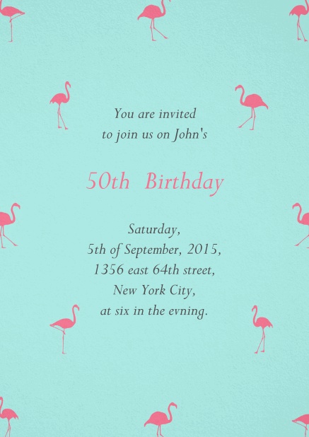 Blaue Einladungskarte mit pinken Flamingos.