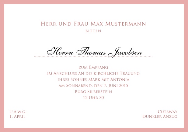 Online Klassisch, weiße Einladungskarte mit feinem Rahmen - in mehreren Farben erhältlich. Rosa.