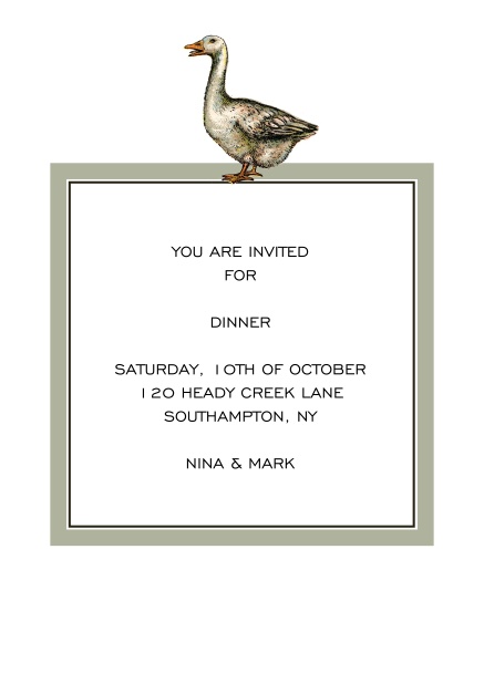 Online Dinner invitation card with a hand illustrated grey goose over a grey framed editable text field.