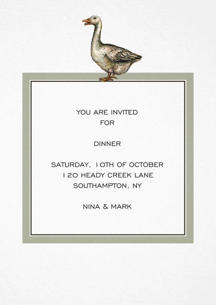 Dinner invitation card with a hand illustrated grey goose over a grey framed editable text field.