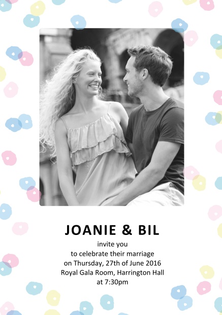 Online Wedding invitation card with coloruful circles around a photo and text.