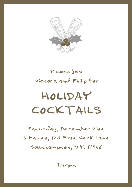 Online Christmas party invitation card with champagne glasses and Christmas deco. Brown.