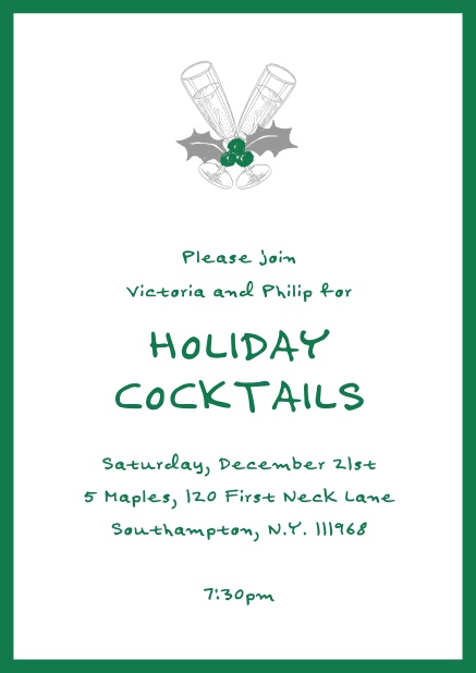 Online Christmas party invitation card with champagne glasses and Christmas deco. Green.
