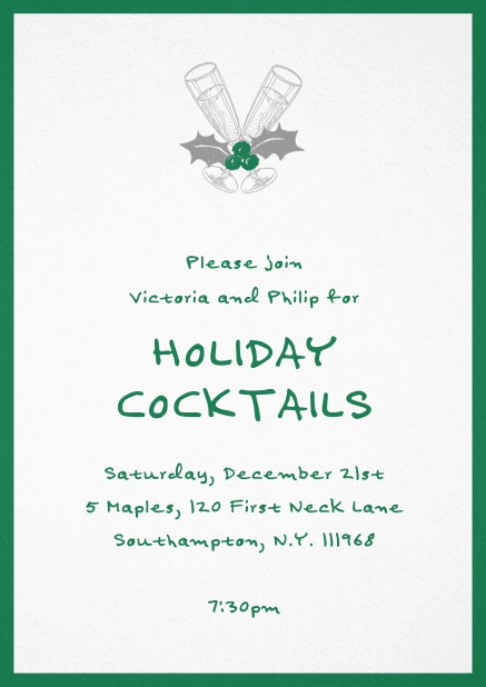 Christmas party invitation card with champagne glasses and Christmas deco. Green.
