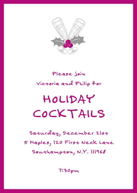 Online Christmas party invitation card with champagne glasses and Christmas deco. Pink.