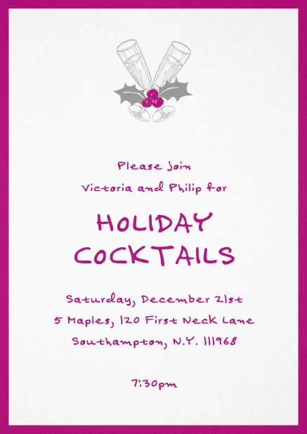 Christmas party invitation card with champagne glasses and Christmas deco. Pink.