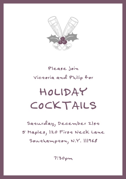 Online Christmas party invitation card with champagne glasses and Christmas deco. Purple.