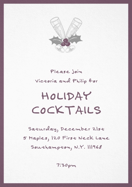 Christmas party invitation card with champagne glasses and Christmas deco. Purple.
