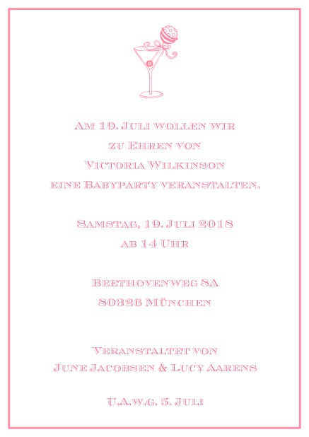 Online Cocktail Einladungskarte mit elegantem Rahmen und illustriertem Cocktail.