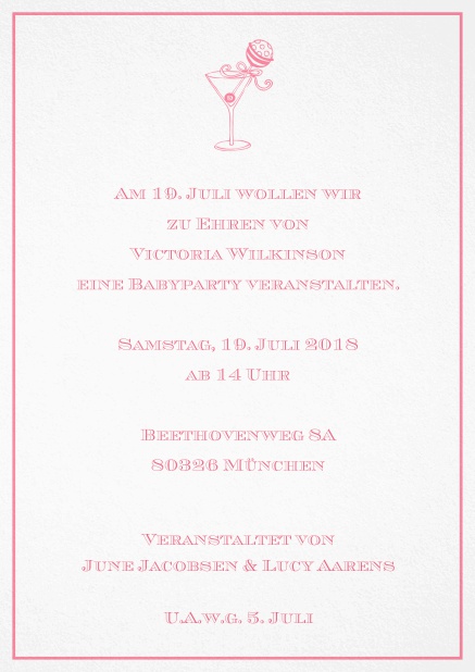 Cocktail Einladungskarte mit elegantem Rahmen und illustriertem Cocktail. Rosa.