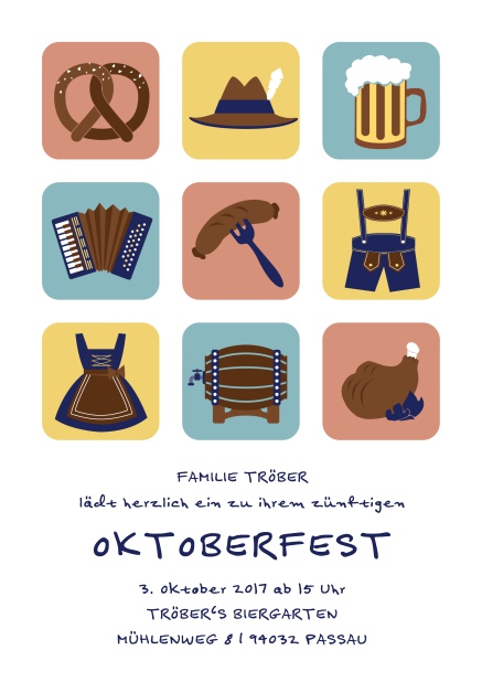 Online Einladungskarte zum Oktoberfest mit 9 klassischen Bildern, vom Bierkrug und Pretzel bis Lederhosen.